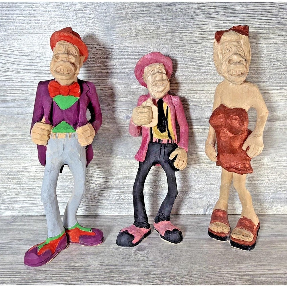 3 Vtg. Hand Carved & Painted OOAK Folk Art Wooden Men Women Figures Caricatures